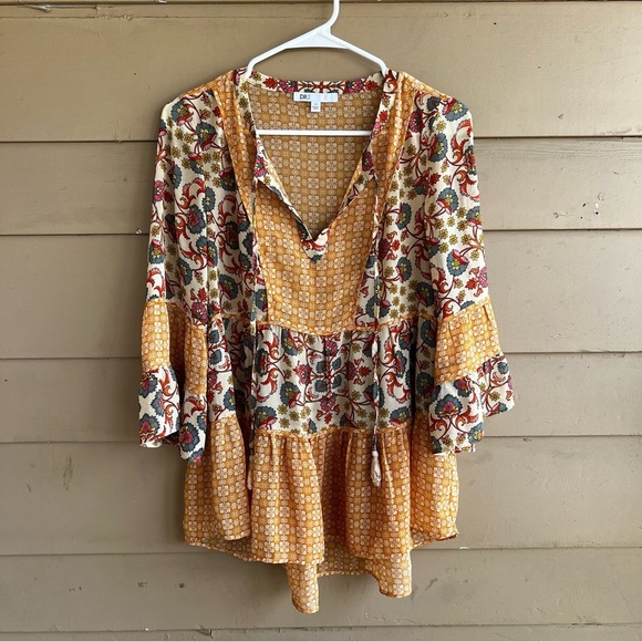 DR2 Mixed Print Bell Sleeve Chiffon Peasant Top XS - Boho Floral Lightweight - Picture 2 of 9